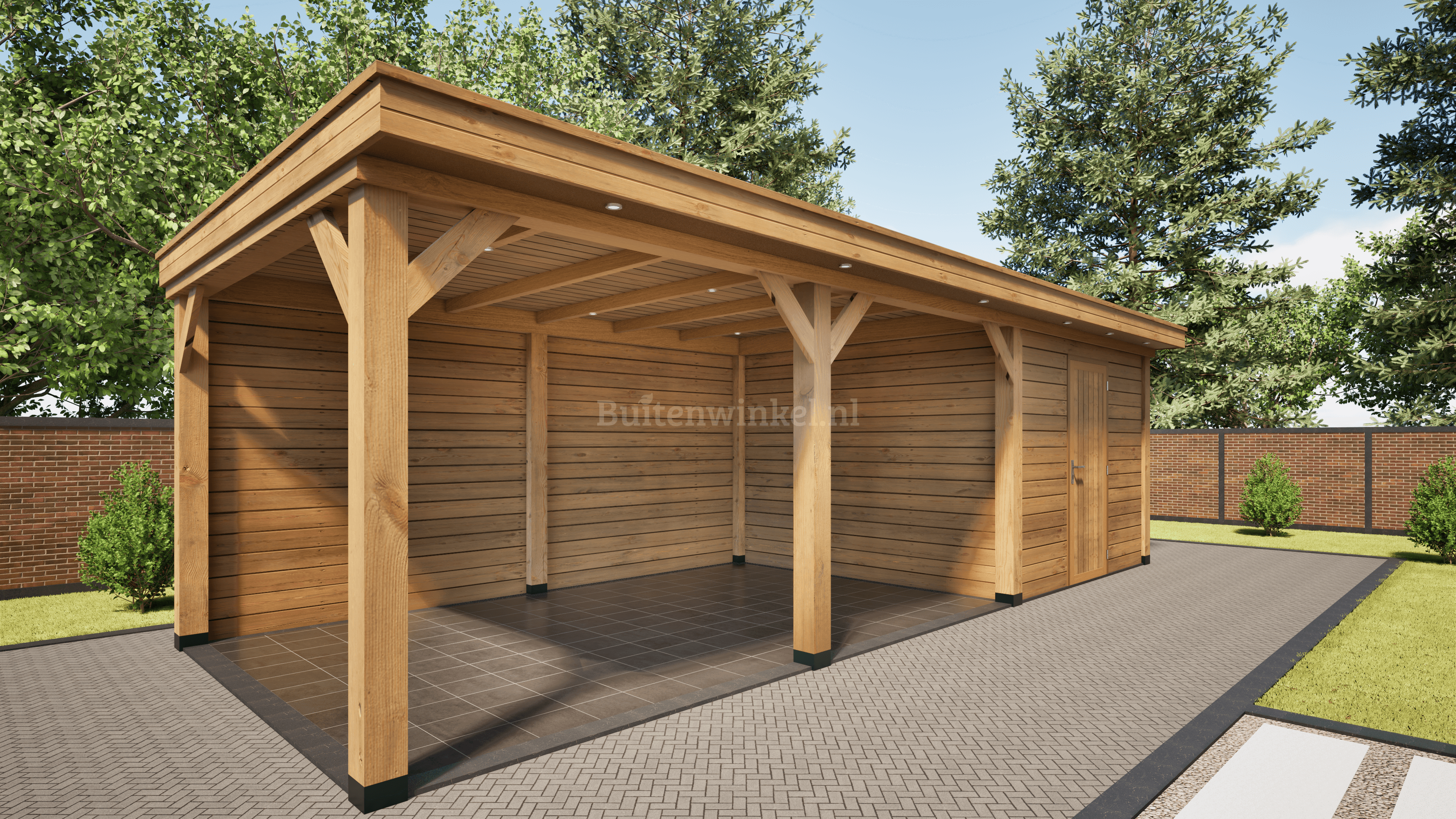 overkapping basic 900cm x 300cm met schuur 300cm