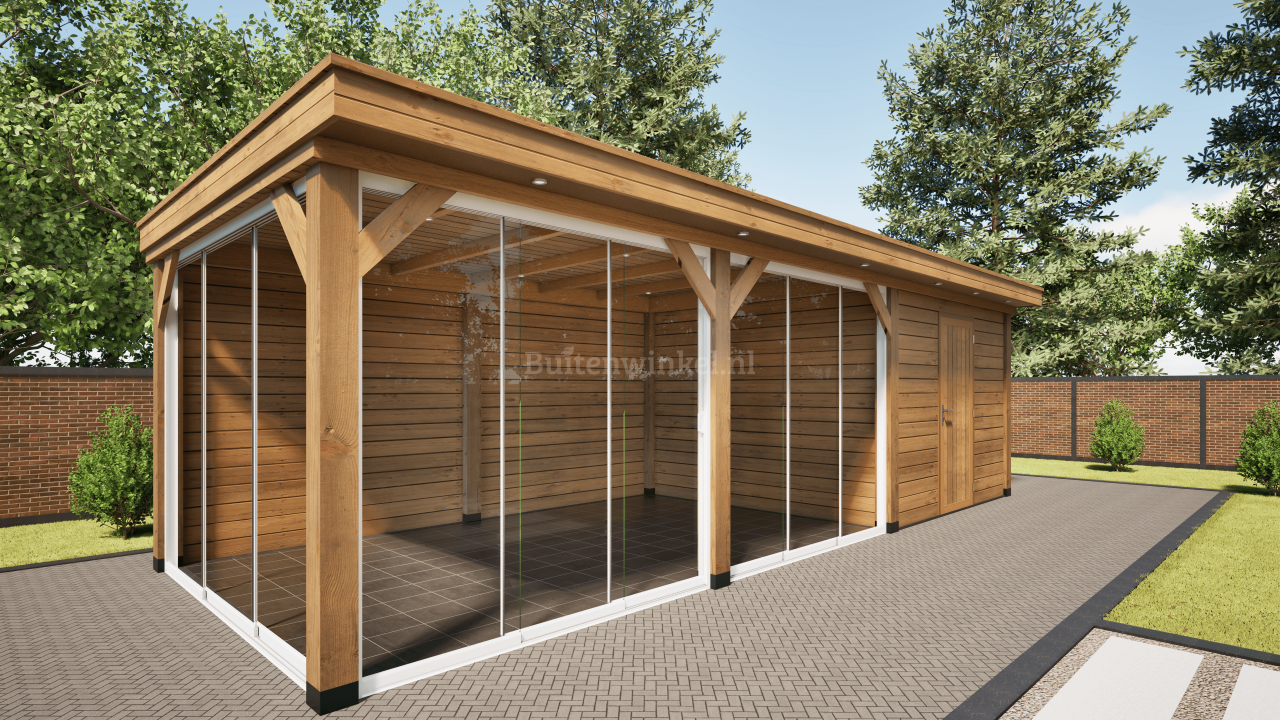 overkapping deluxe dubbelwandig 900cm x 300cm met schuur 300cm