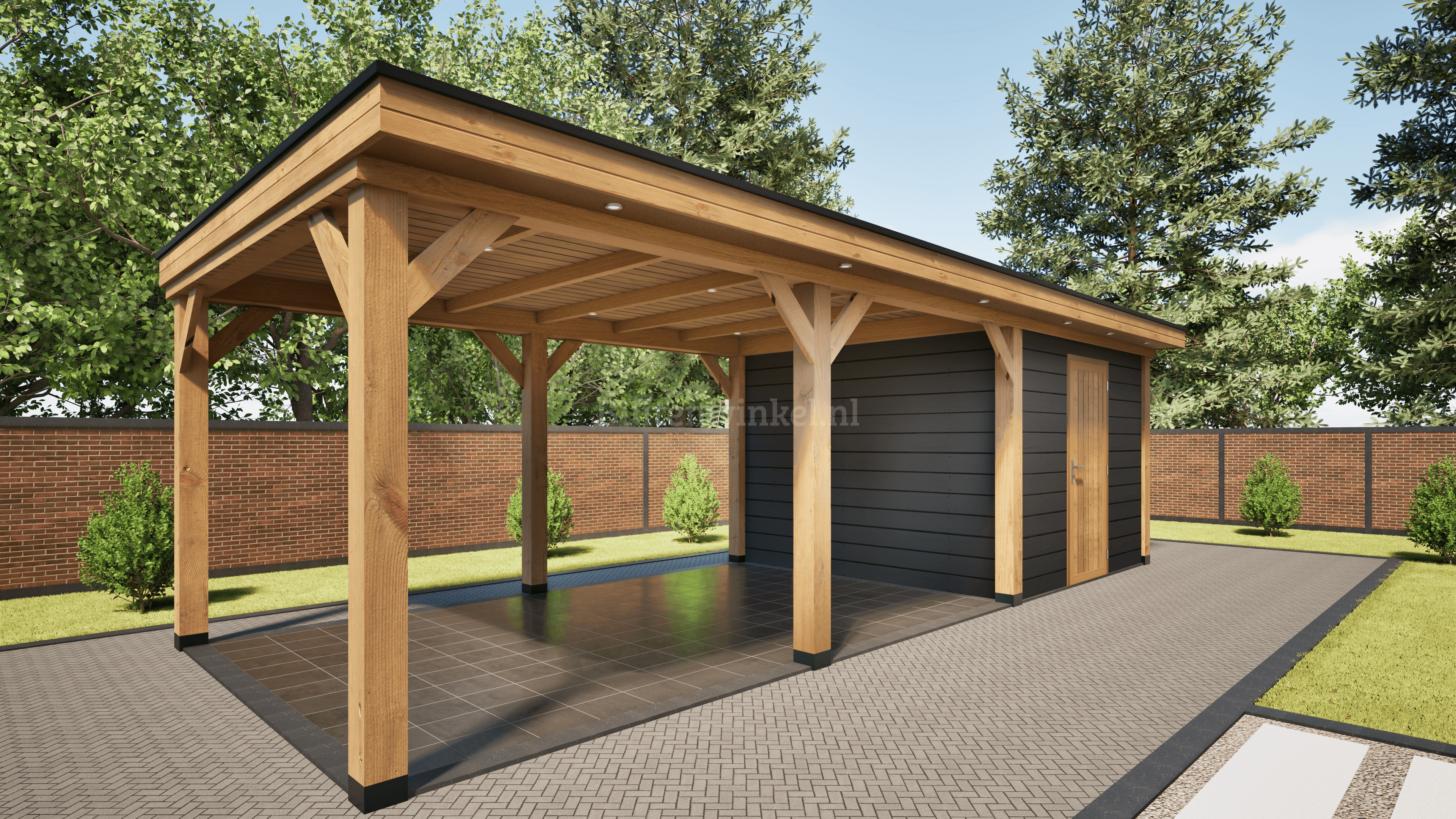 overkapping basic 900cm x 300cm met schuur 300cm