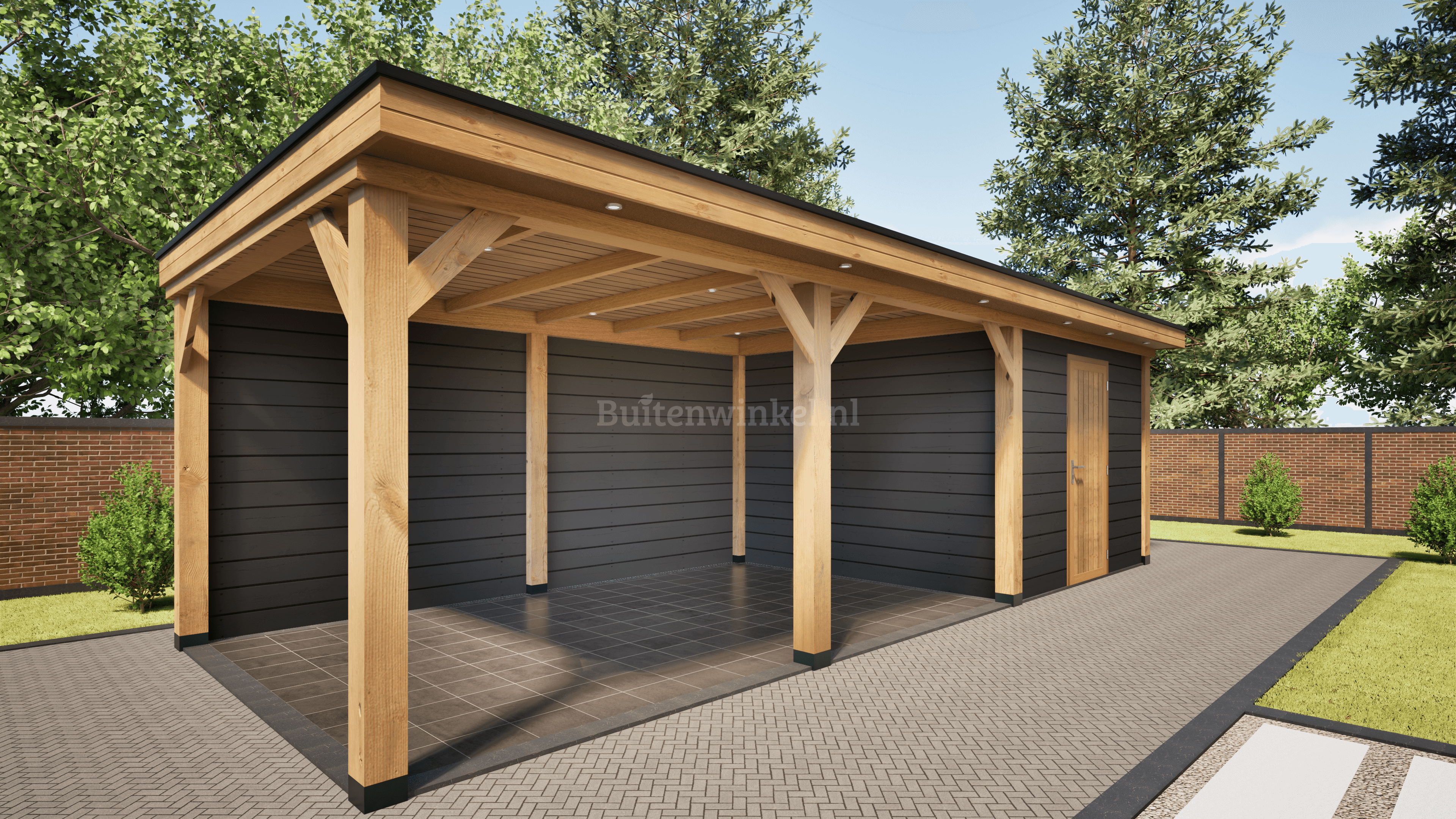 overkapping basic 900cm x 300cm met schuur 300cm