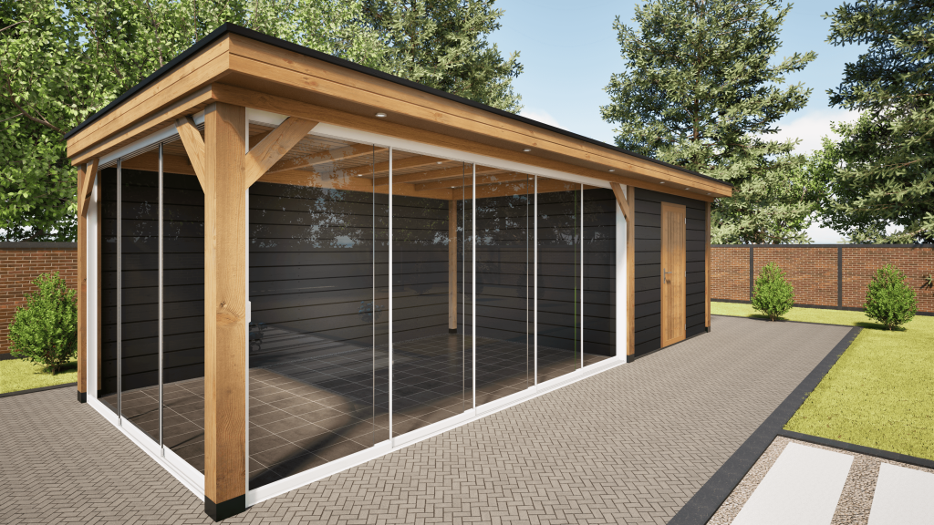overkapping deluxe dubbelwandig 700cm x 300cm met schuur 300cm