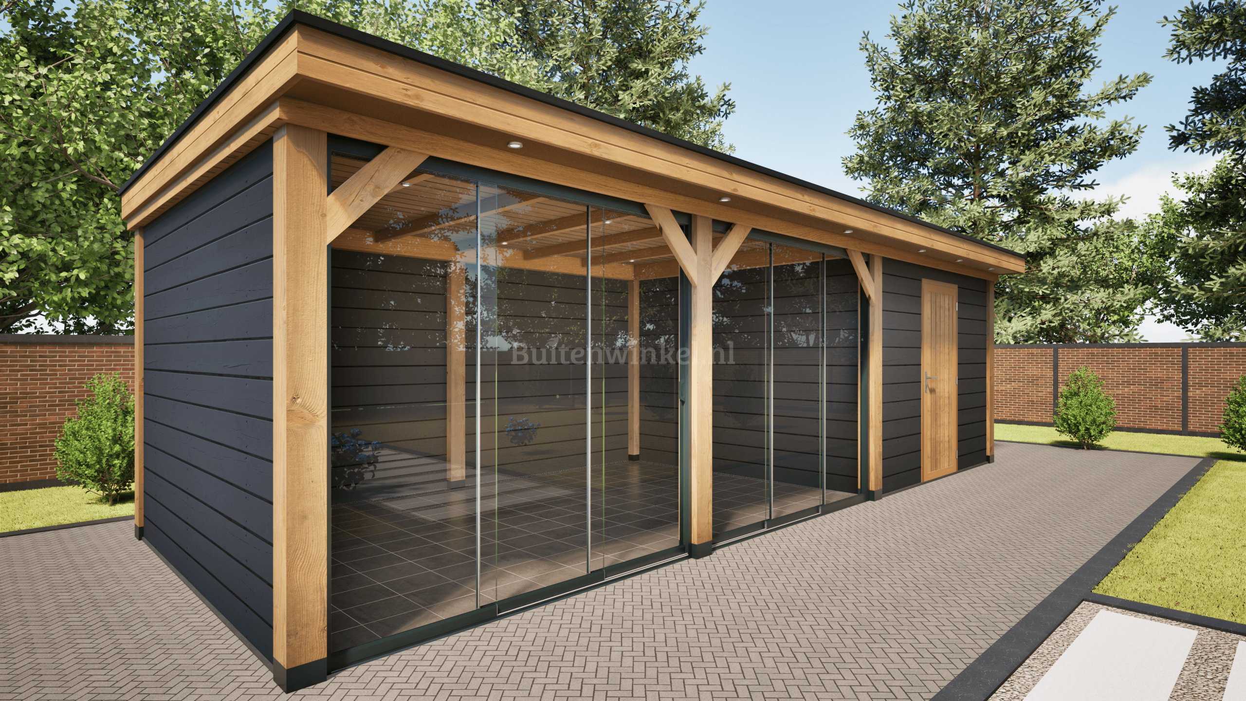 overkapping deluxe dubbelwandig 900cm x 300cm met schuur 300cm