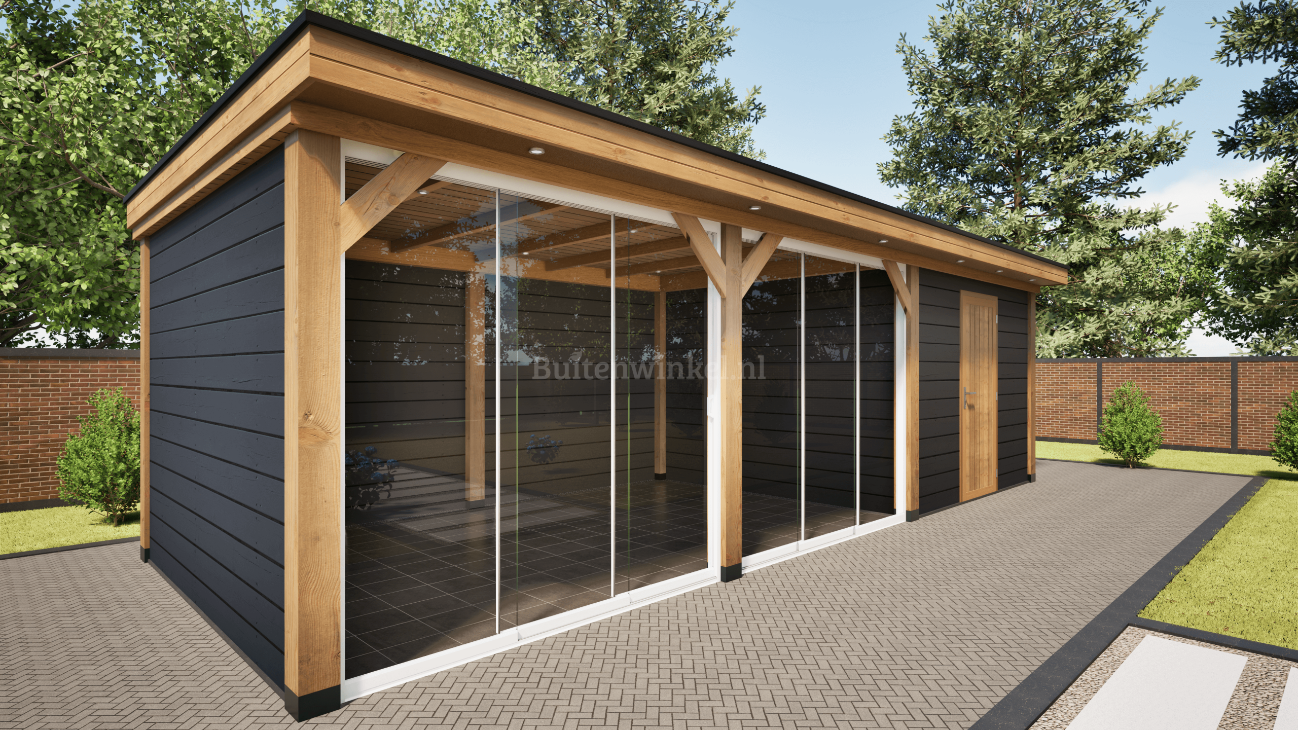 overkapping deluxe dubbelwandig 900cm x 300cm met schuur 300cm