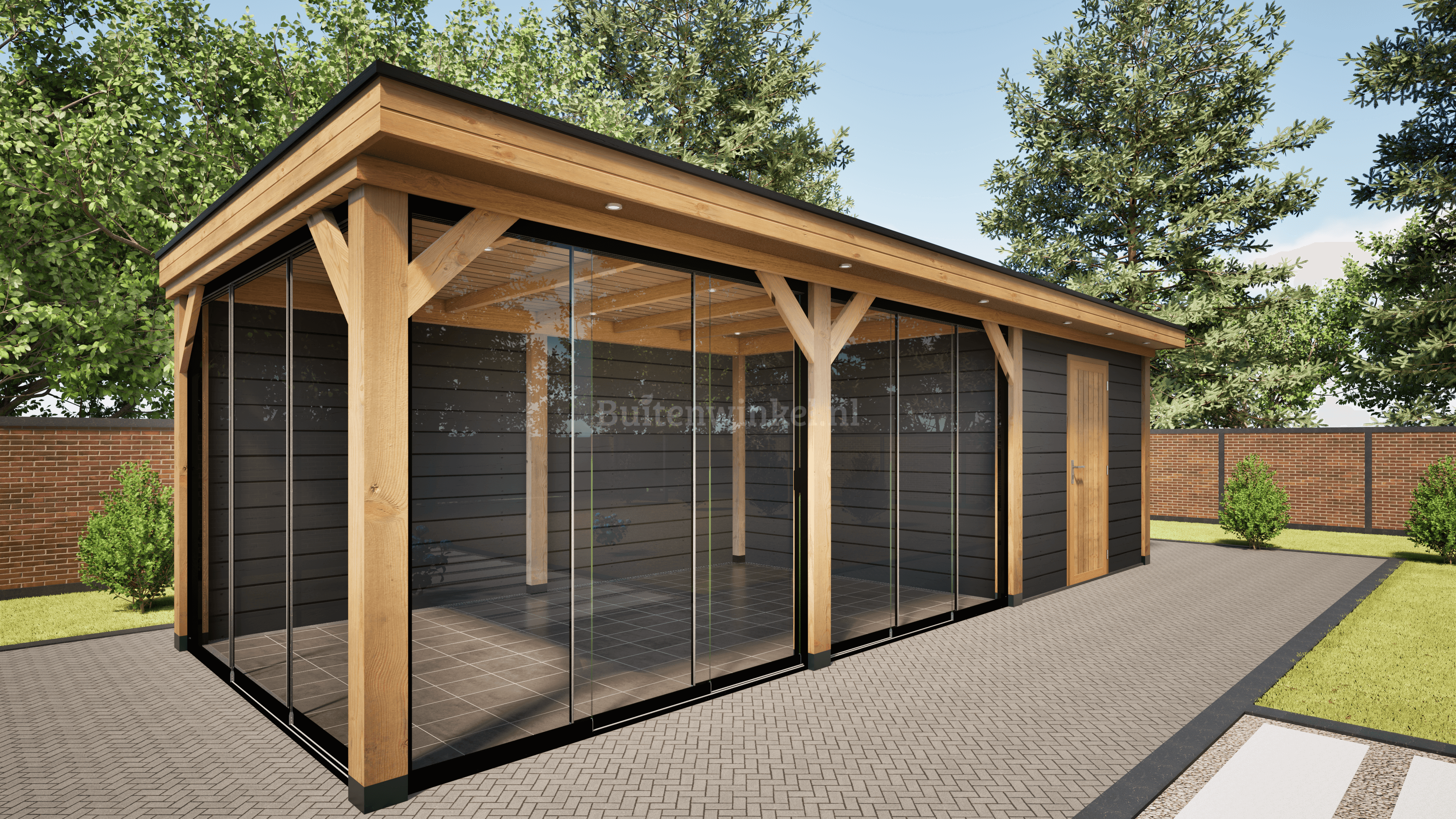 overkapping basic 900cm x 300cm met schuur 300cm